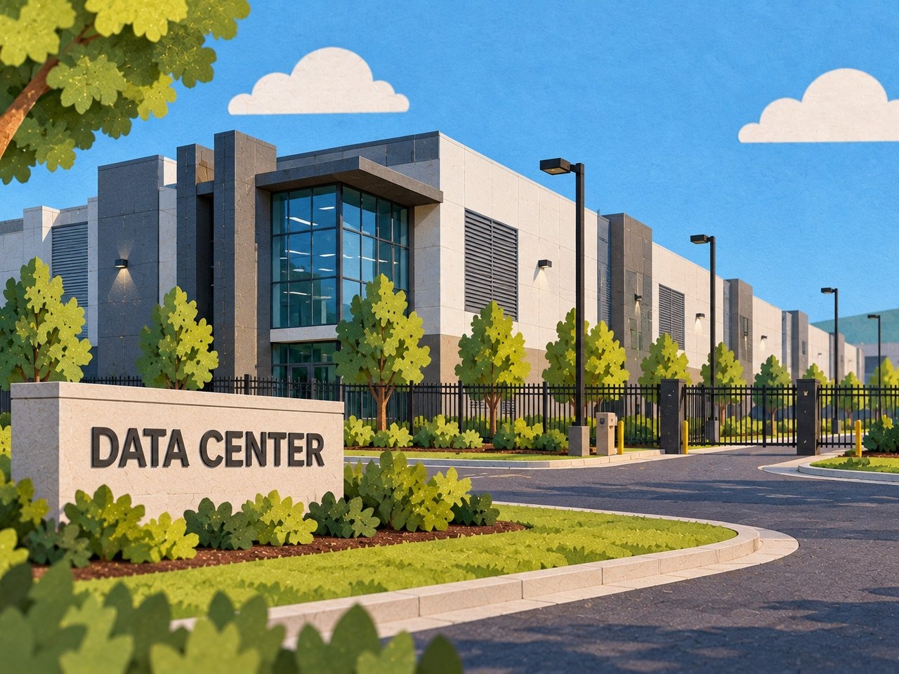 Editorial illustration: Data center campus exterior